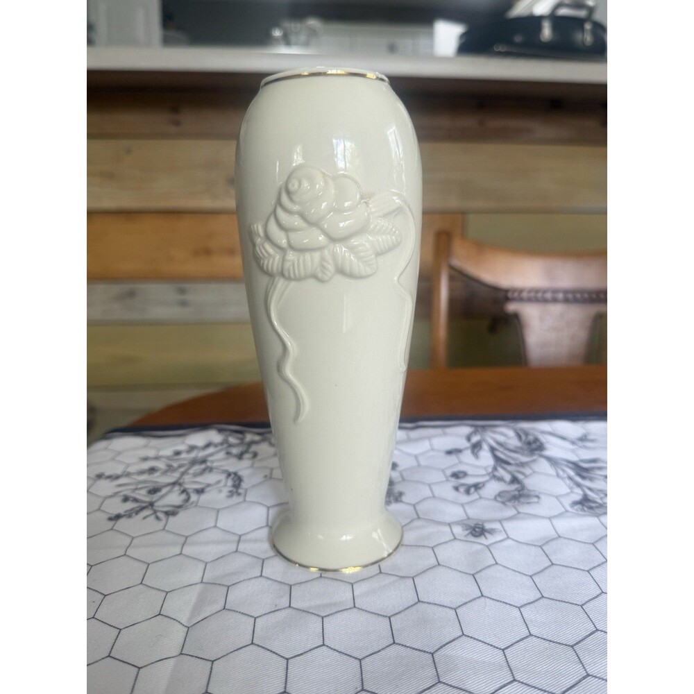 Lenox 6” Bud Vase Ivory Gold Trim Rim Embossed Floral Used Condition